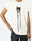 Hand-embroidered Canine Top With Hanging Silk Threads (Men's) - White