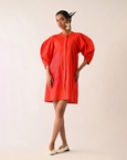 Mono Crimson Bubble Sleeve Aline Short Appliqué Dress