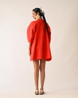 Mono Crimson Bubble Sleeve Aline Short Appliqué Dress