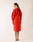 Mono Crimson Midi Gathered Appliqué Dress