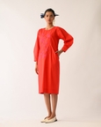 Mono Crimson Midi Gathered Appliqué Dress