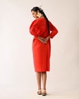 Mono Crimson Midi Gathered Appliqué Dress