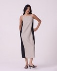 Kei Beige Linen Panelled Midi Dress