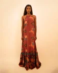 Rust Halter Neck Backless Silk Dress