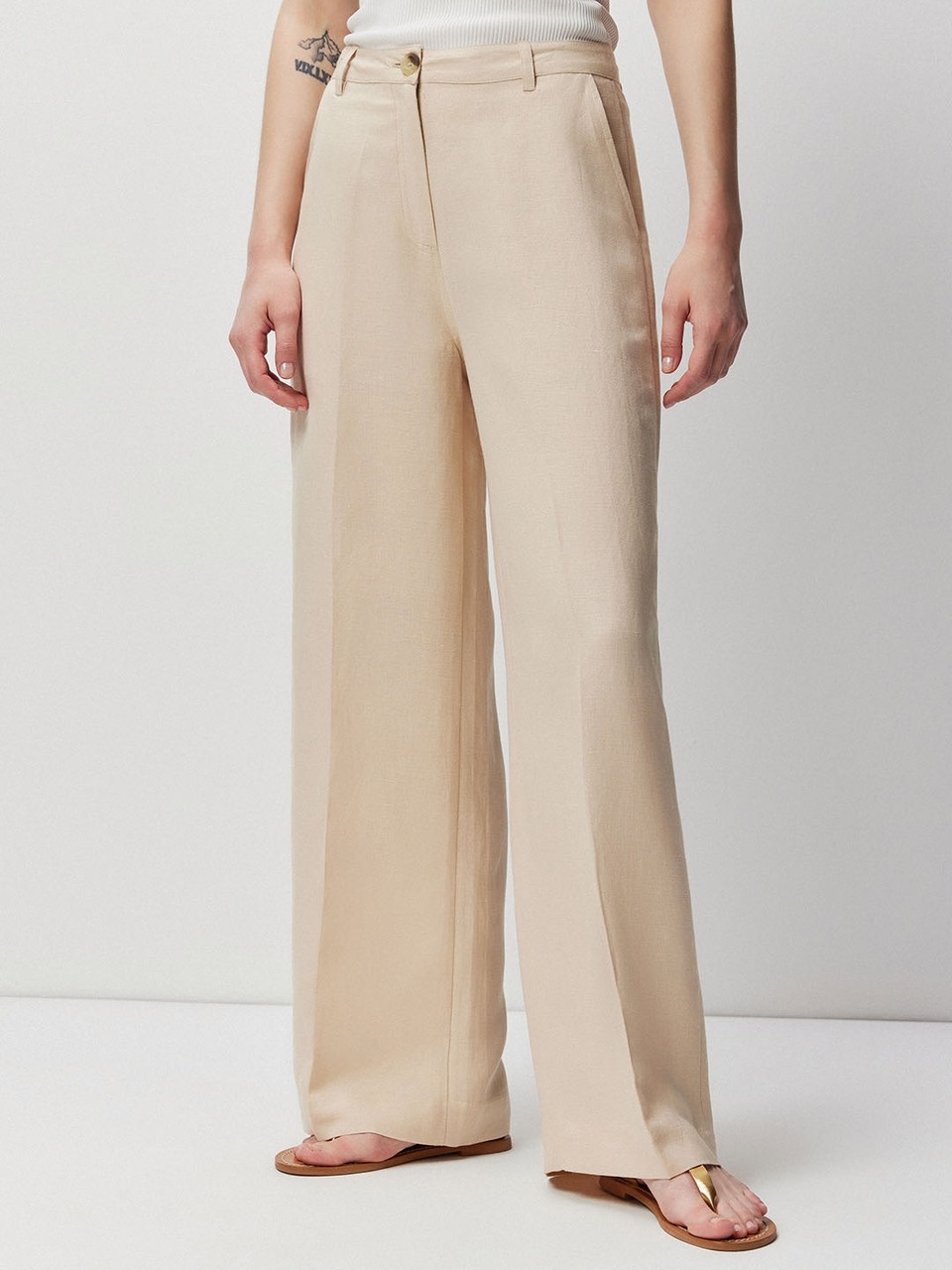 Beige Linen Flared Trouser