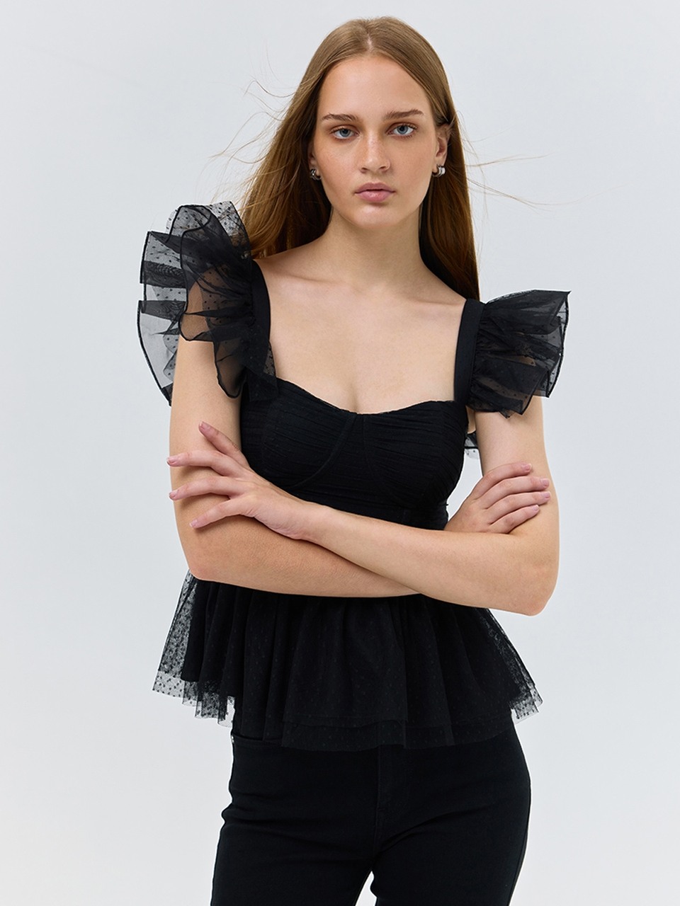 Black peplum Mesh Top