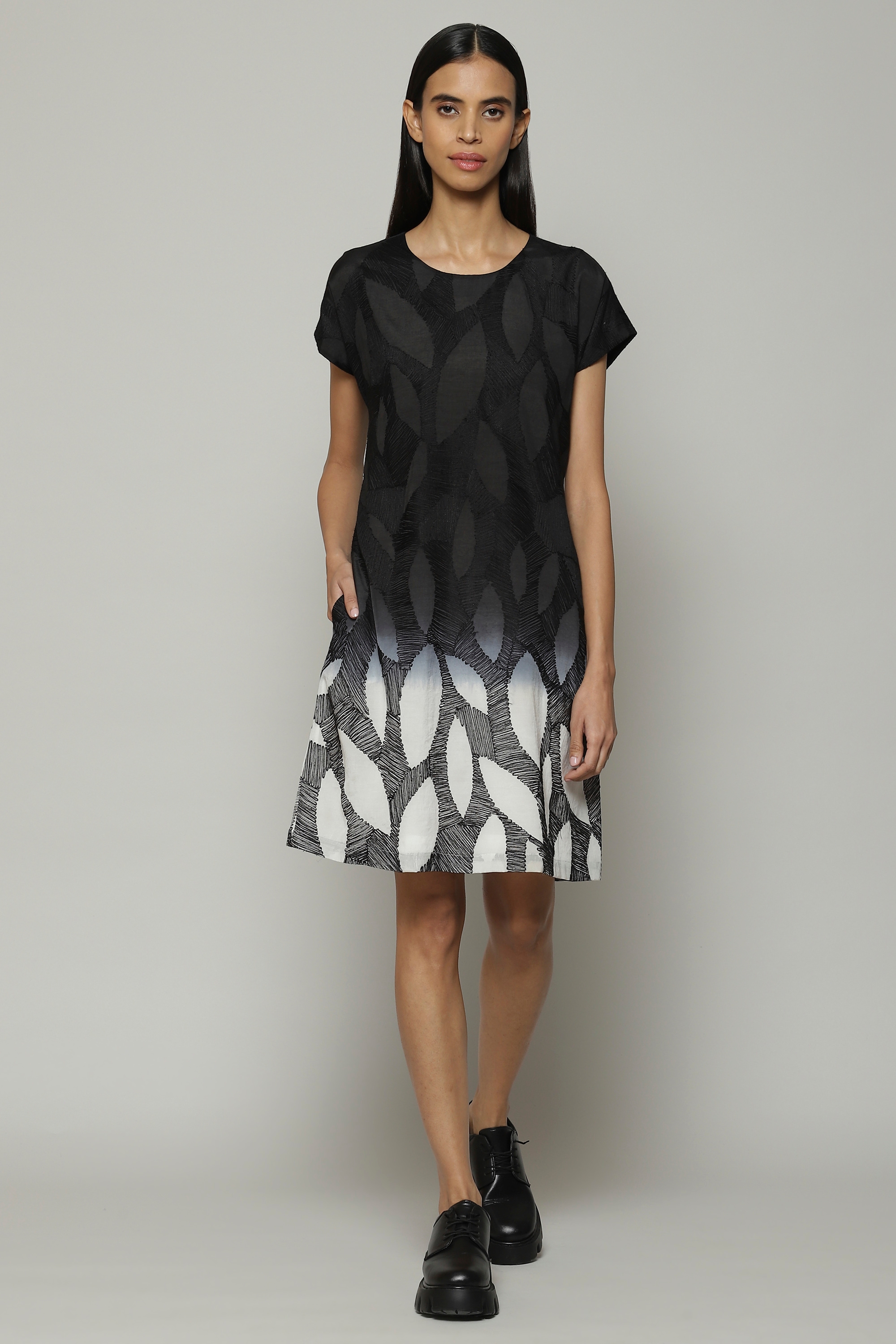 Ombre Crewel Embroidered Luxe Voile Dress Black