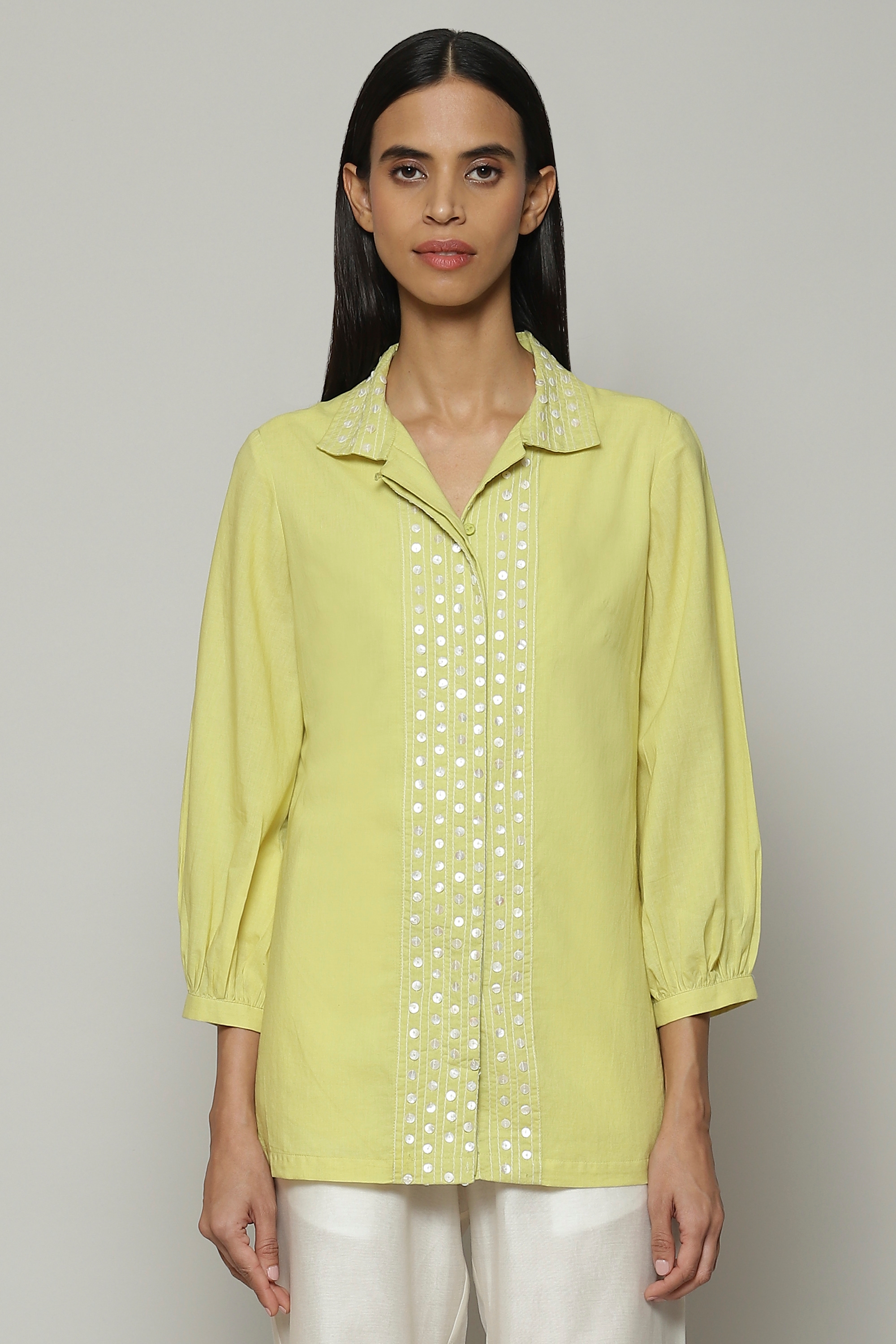 ABRAHAM AND THAKORE | Mother Of Pearl Embroidered Cambric Shirt Lime