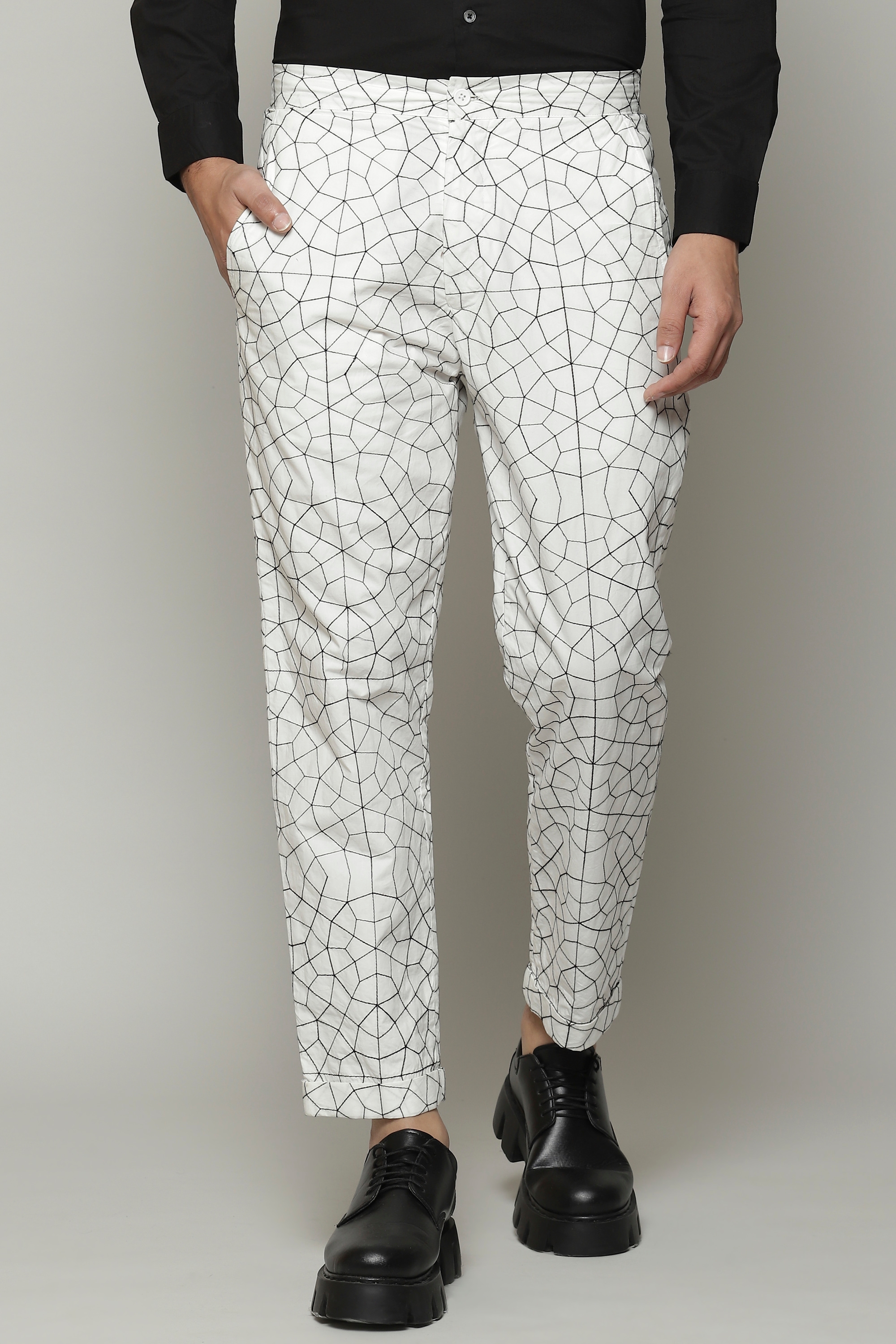 ABRAHAM AND THAKORE | Jali Embroidered Cotton Poplin Trouser Black-Ivory