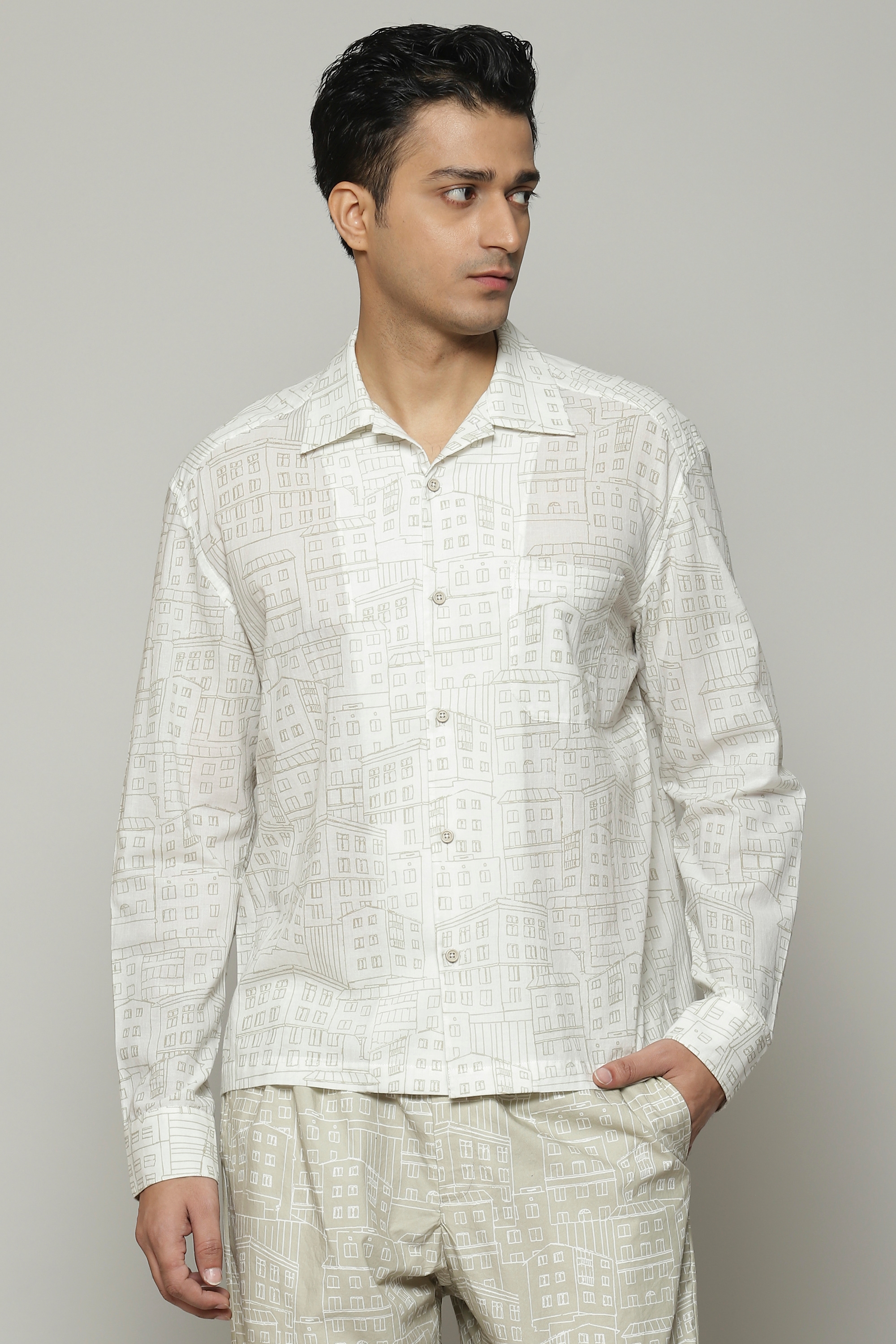 ABRAHAM AND THAKORE | Cityscape Print Cambric Shirtparchment