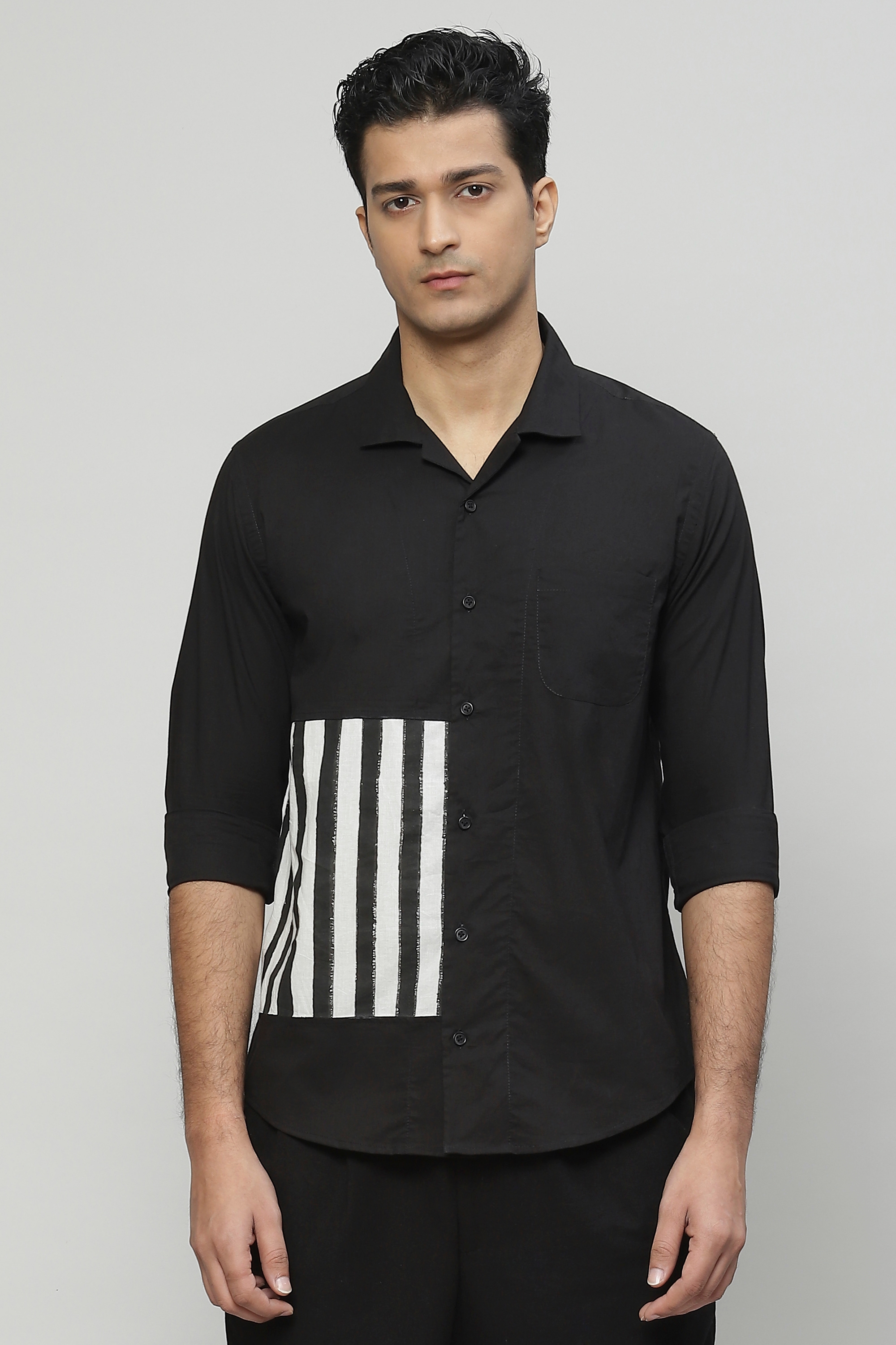 ABRAHAM AND THAKORE | Block Printed Patchwork Cambric Shirt Black