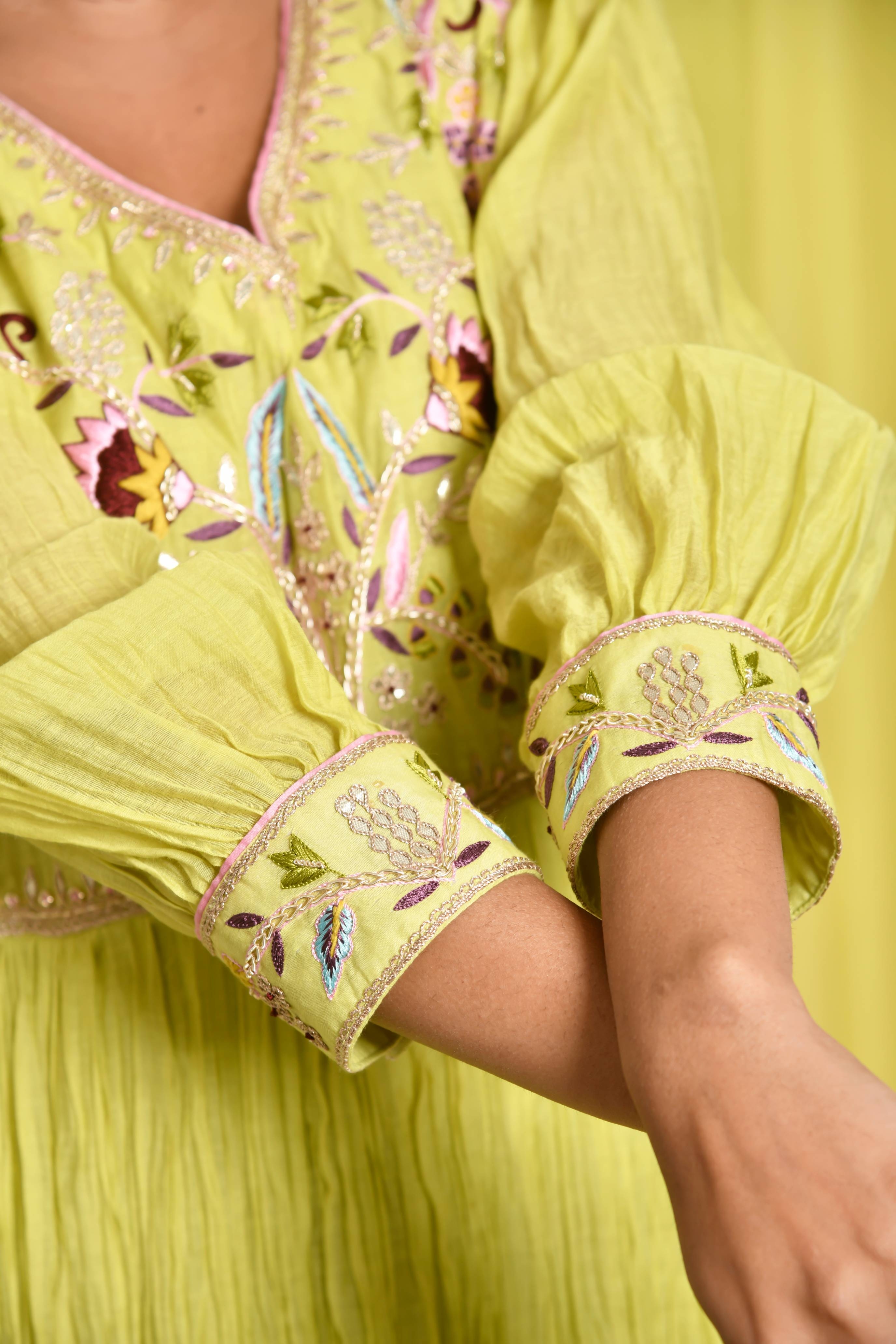 Lime Green Gathered Dress With Hand Embroidery On The Yoke