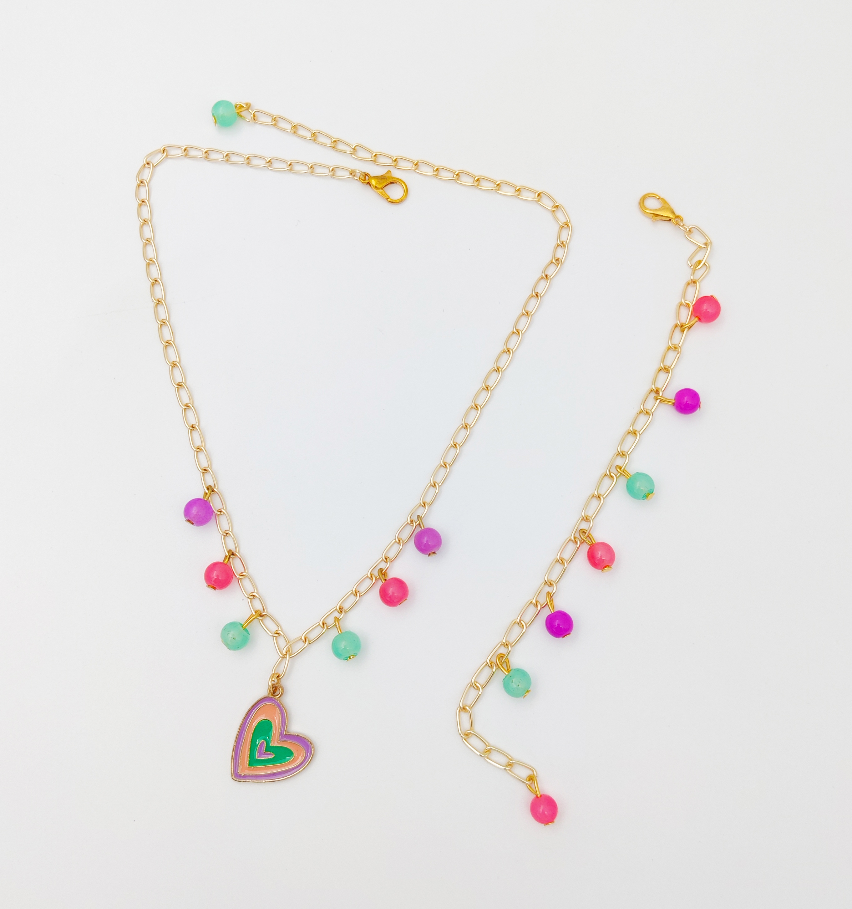 Heart Enameled Charm Necklace & Beaded Bracelet Set, pink, mauve, green