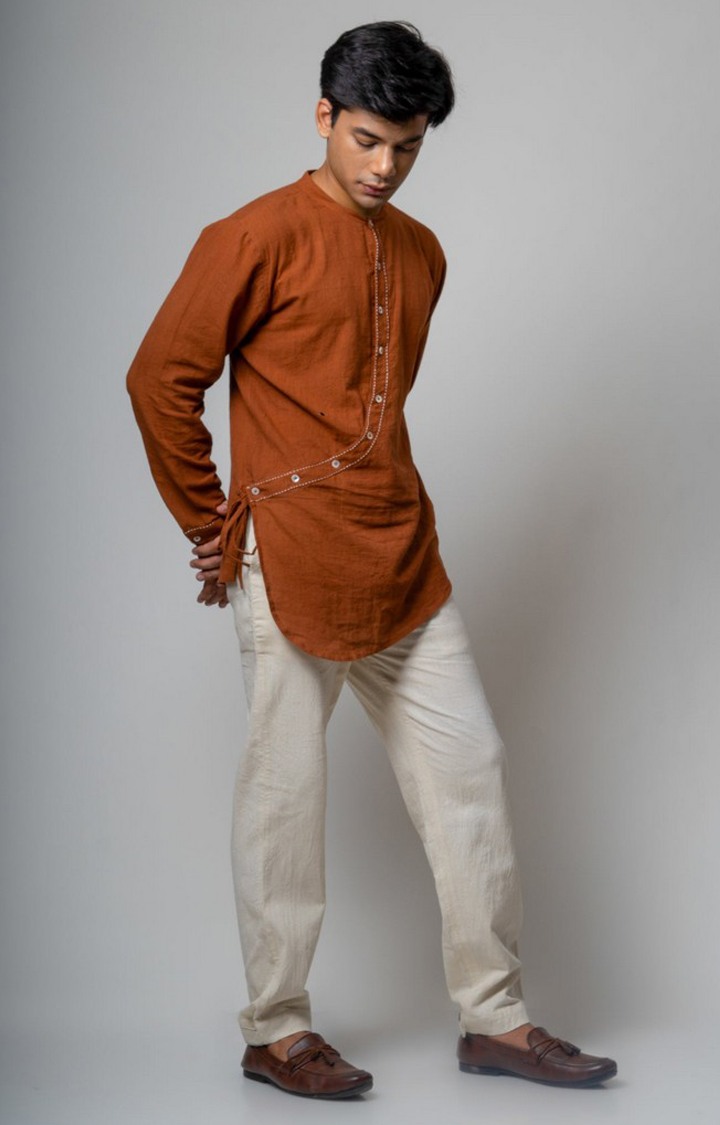 Men's Brown Cotton Solid Angrakha Kurta