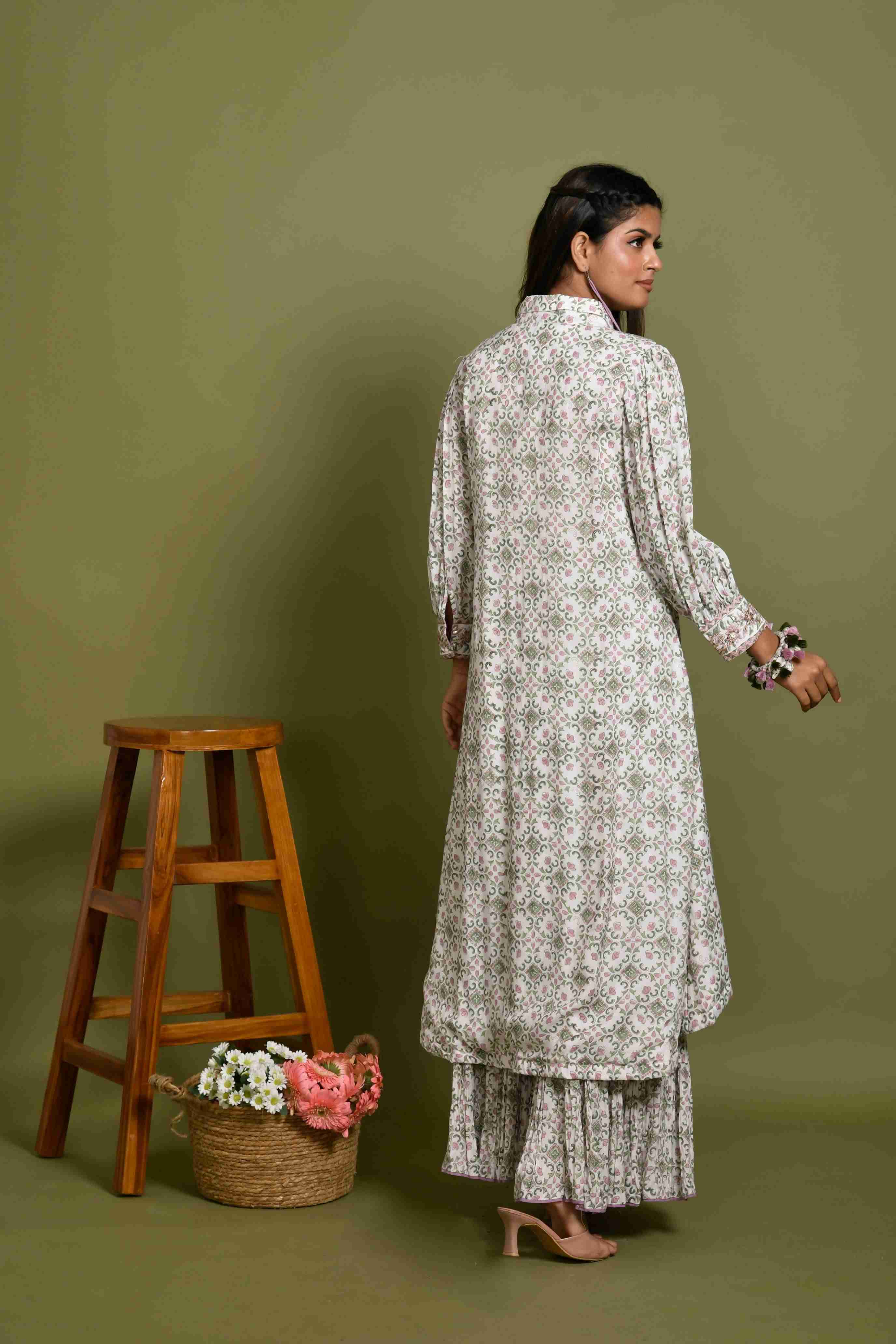 Block printed asymmetrical  printed  kurta with sharara