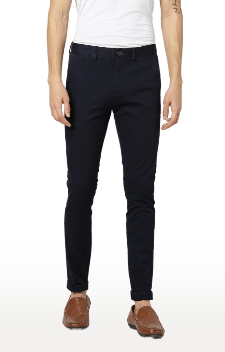 Men's Blue Cotton Blend Solid Chinos