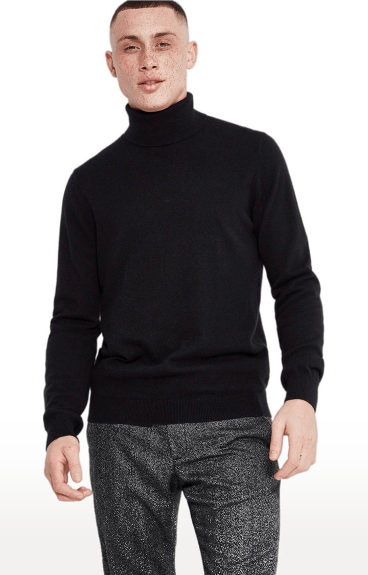 celio | Men's Black Wool Blend Solid Sweaters