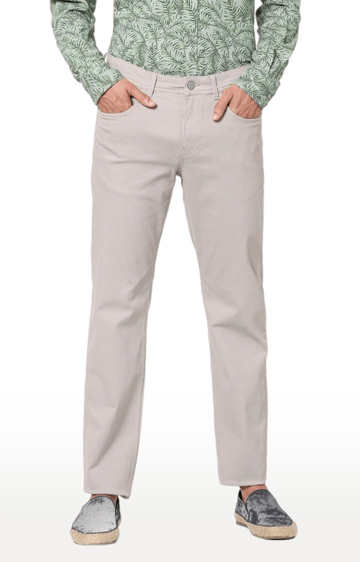 Men's Beige Cotton Blend Solid Trouser