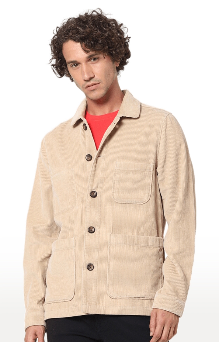 Men's Beige Cotton Textured Western Jackets
