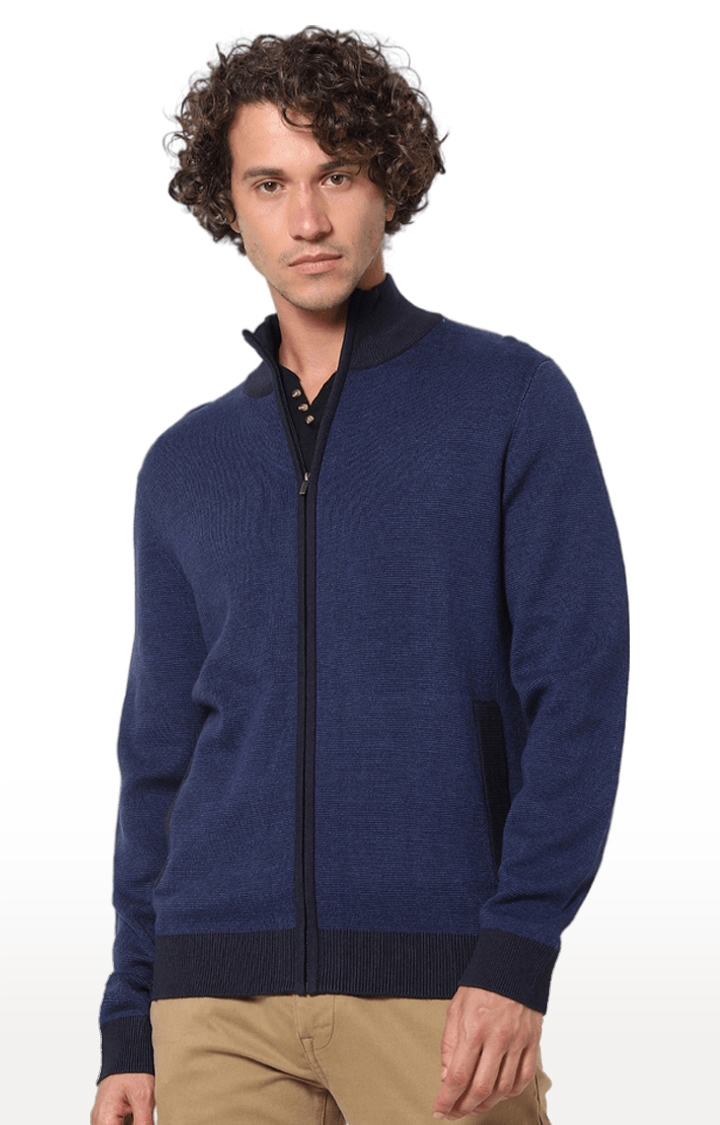 Men's Blue Cotton Blend Solid Sweaters