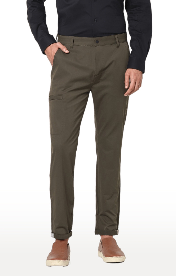 celio | Men's Green Polyester Solid Chinos
