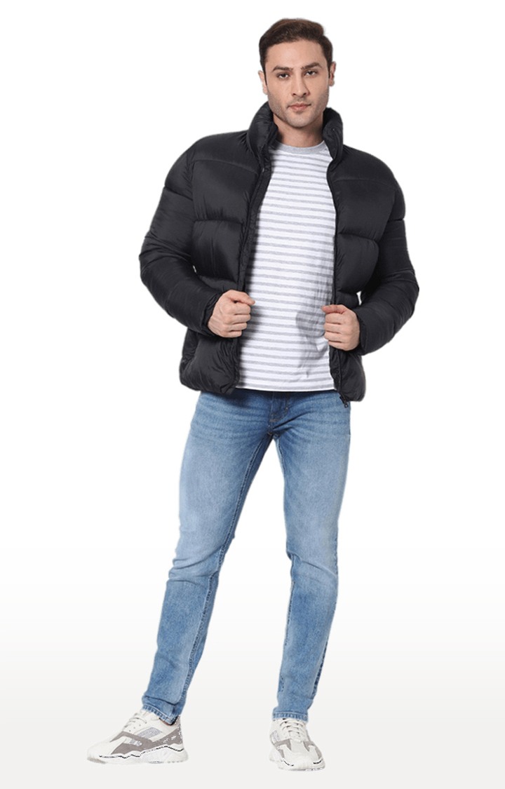 Men's Black PU Solid Bomber Jackets