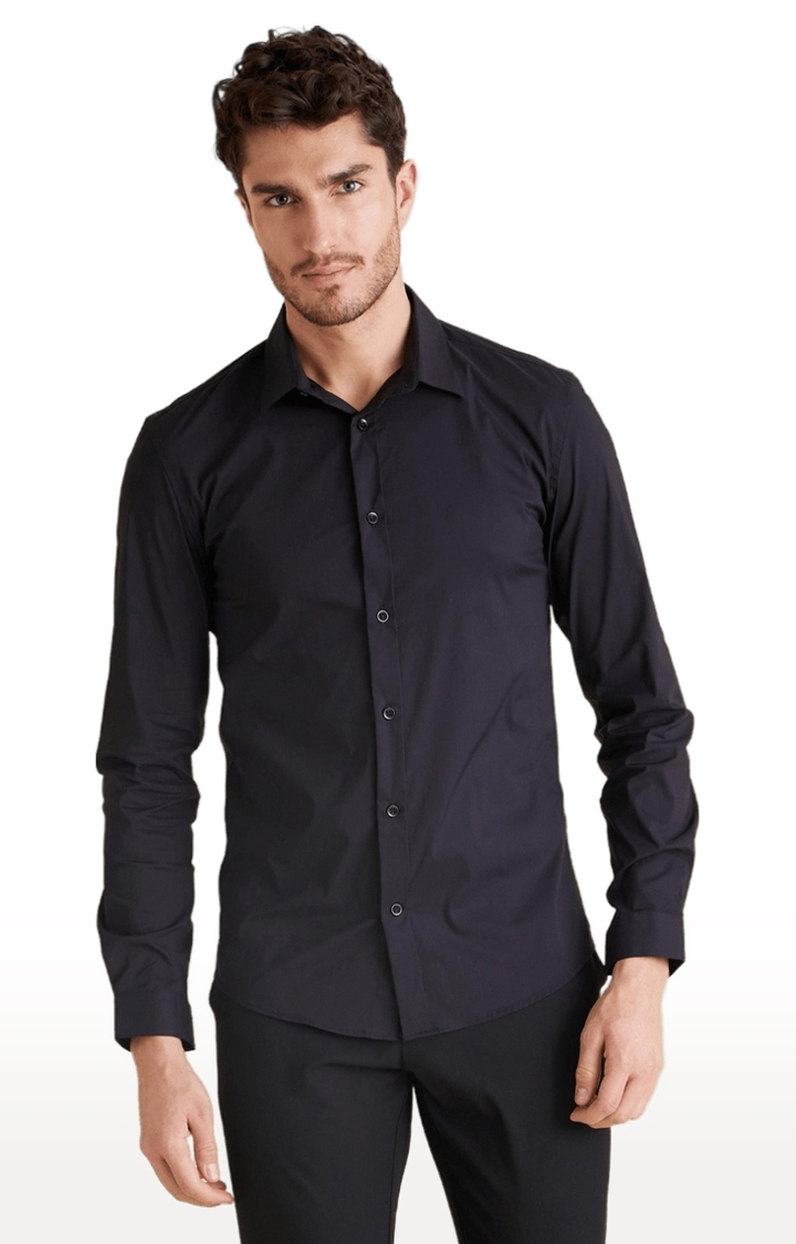 celio | Men's Black Cotton Blend Solid Formal Shirt