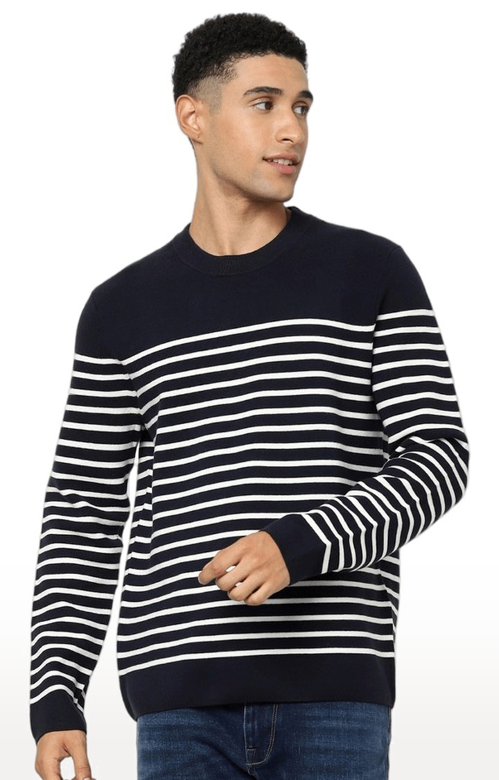 Men's Black Cotton Blend Striped Sweaters