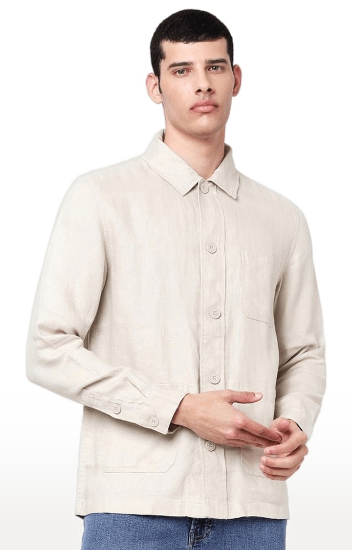 Men's Beige Linen Solid Casual Shirt