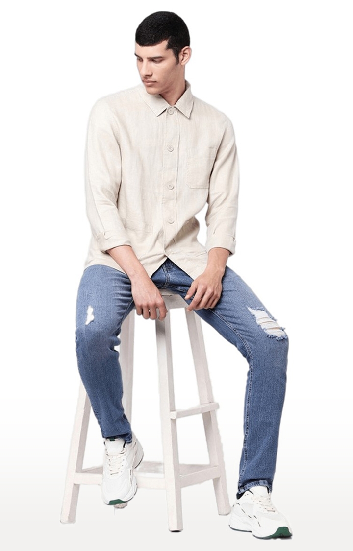 Men's Beige Linen Solid Casual Shirt
