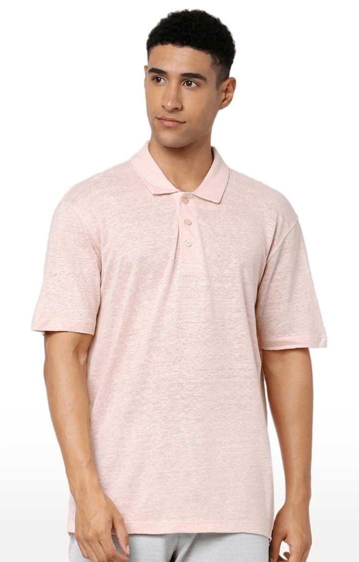 Men's Pink Linen Melange Textured Polos