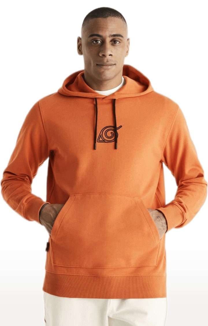 Men's Orange Cotton Solid Hoodies