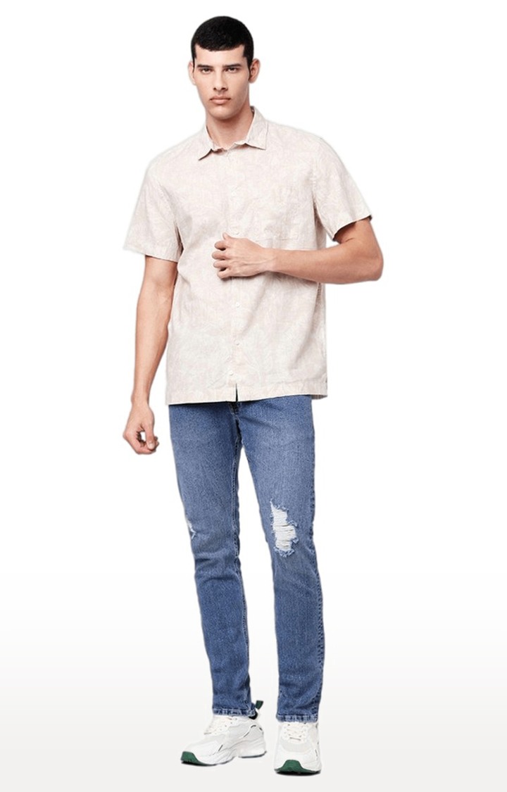 Men's Beige Cotton Printed Casual Shirt