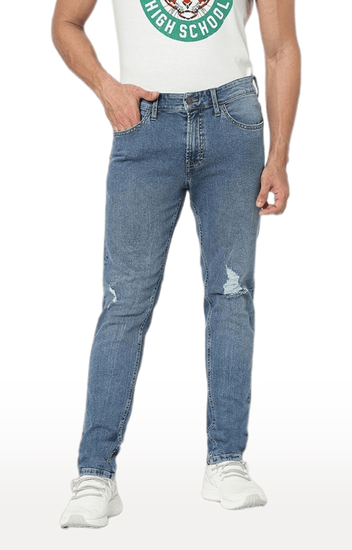Men's Blue Cotton Solid Ripped Jeans