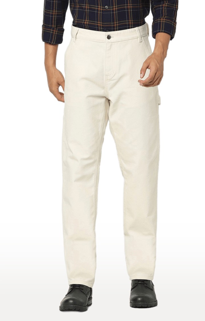 Men's Beige Cotton Solid Trouser