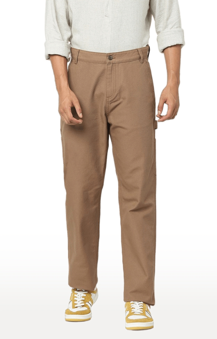 Men's Brown Cotton Solid Trouser
