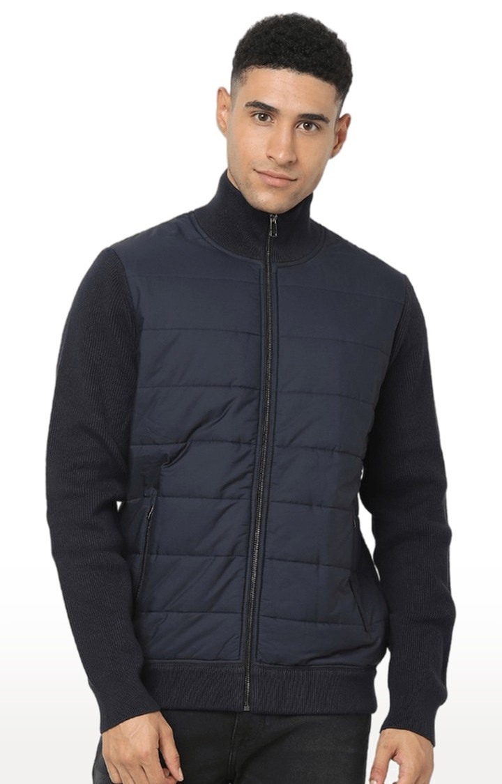 Men's Navy Blue Cotton Blend Solid Bomber Jackets
