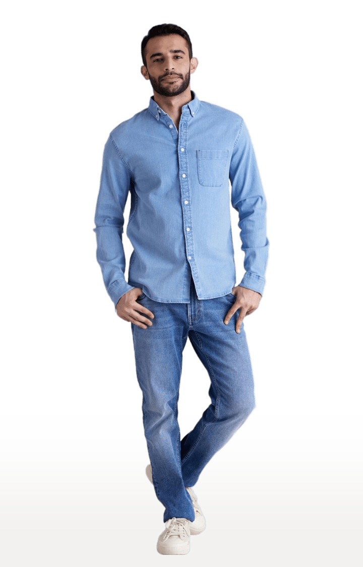 Men's Blue Cotton Solid Casual Shirt