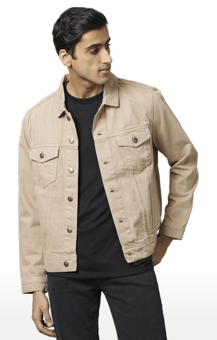 Men's Beige Cotton Solid Denim Jackets