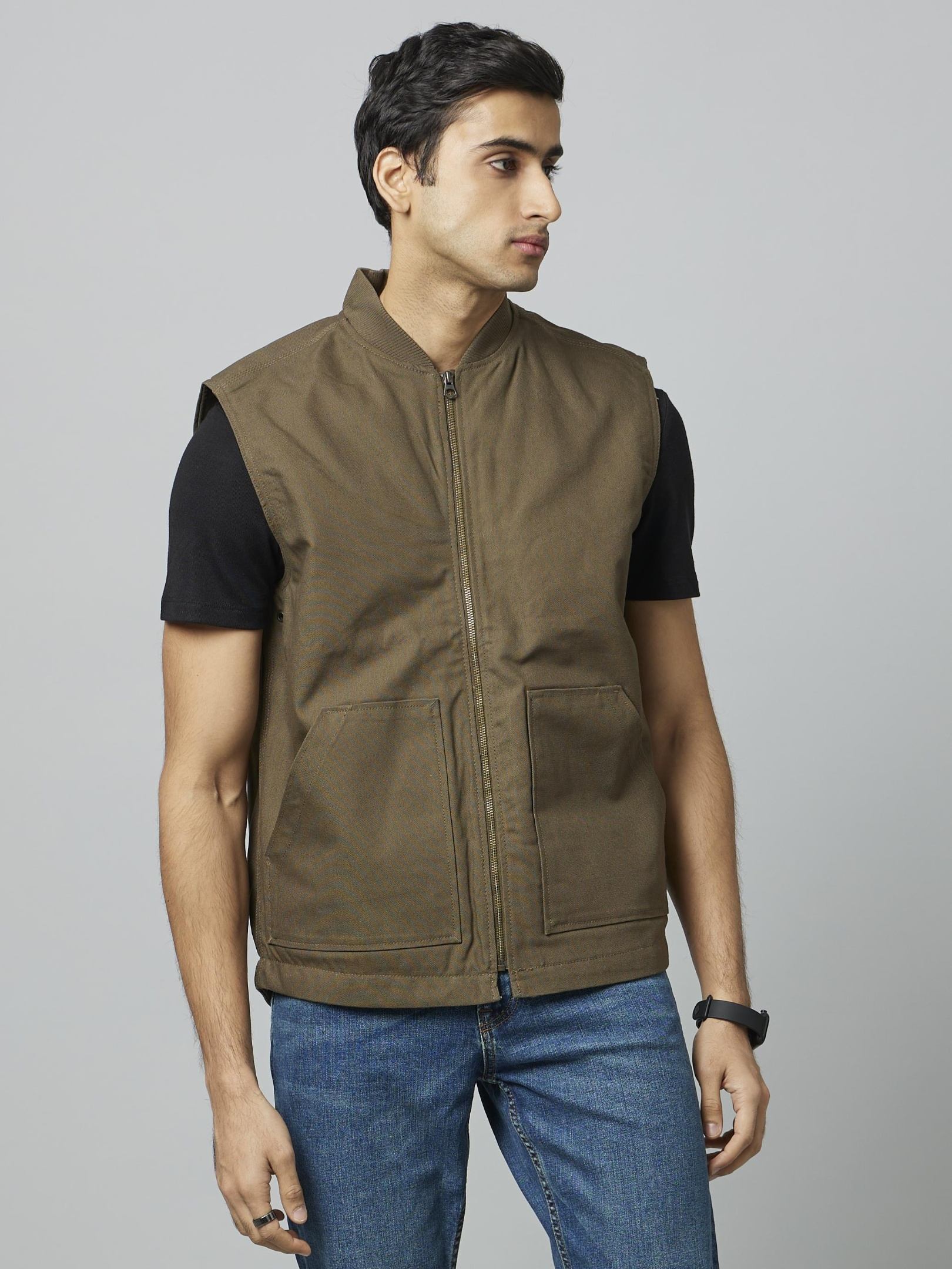 Celio Solid Olive Sleeveless Fashion Jackets