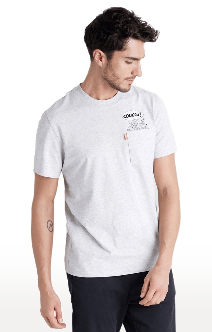 Men's Grey Cotton Melange Textured Regular T-Shirt