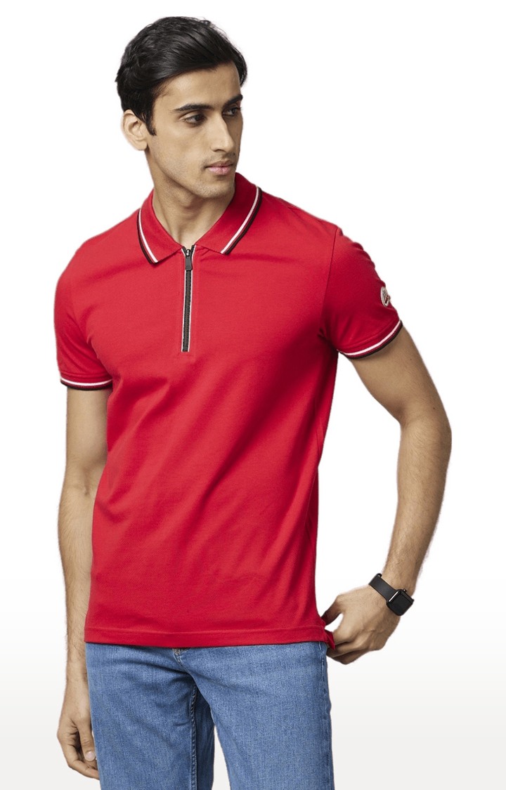 Men's Red Cotton Blend Solid Polos