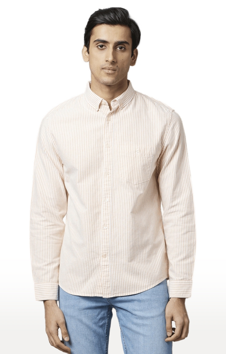 celio | Men's White and Orange Cotton Striped Casual Shirt