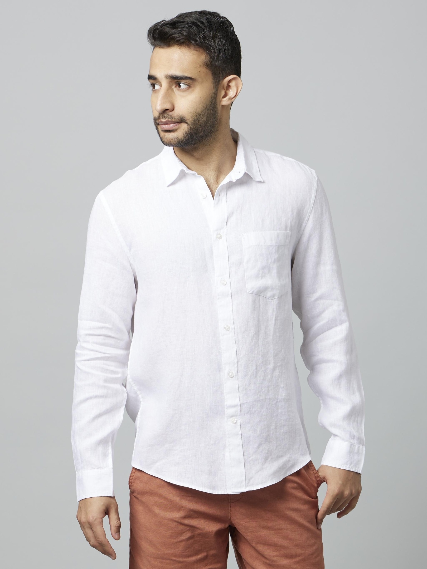 Celio Linen Solid White Long Sleeves Shirt