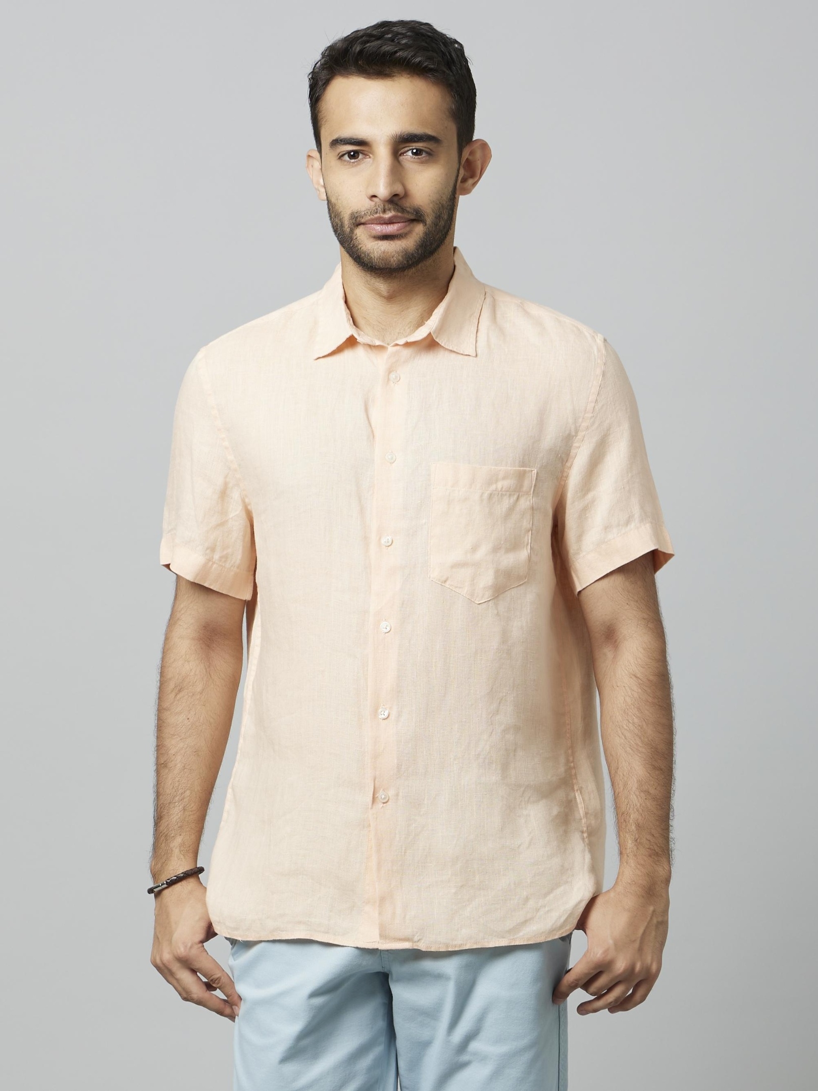 Celio Linen Solid Peach Short Sleeves Shirt