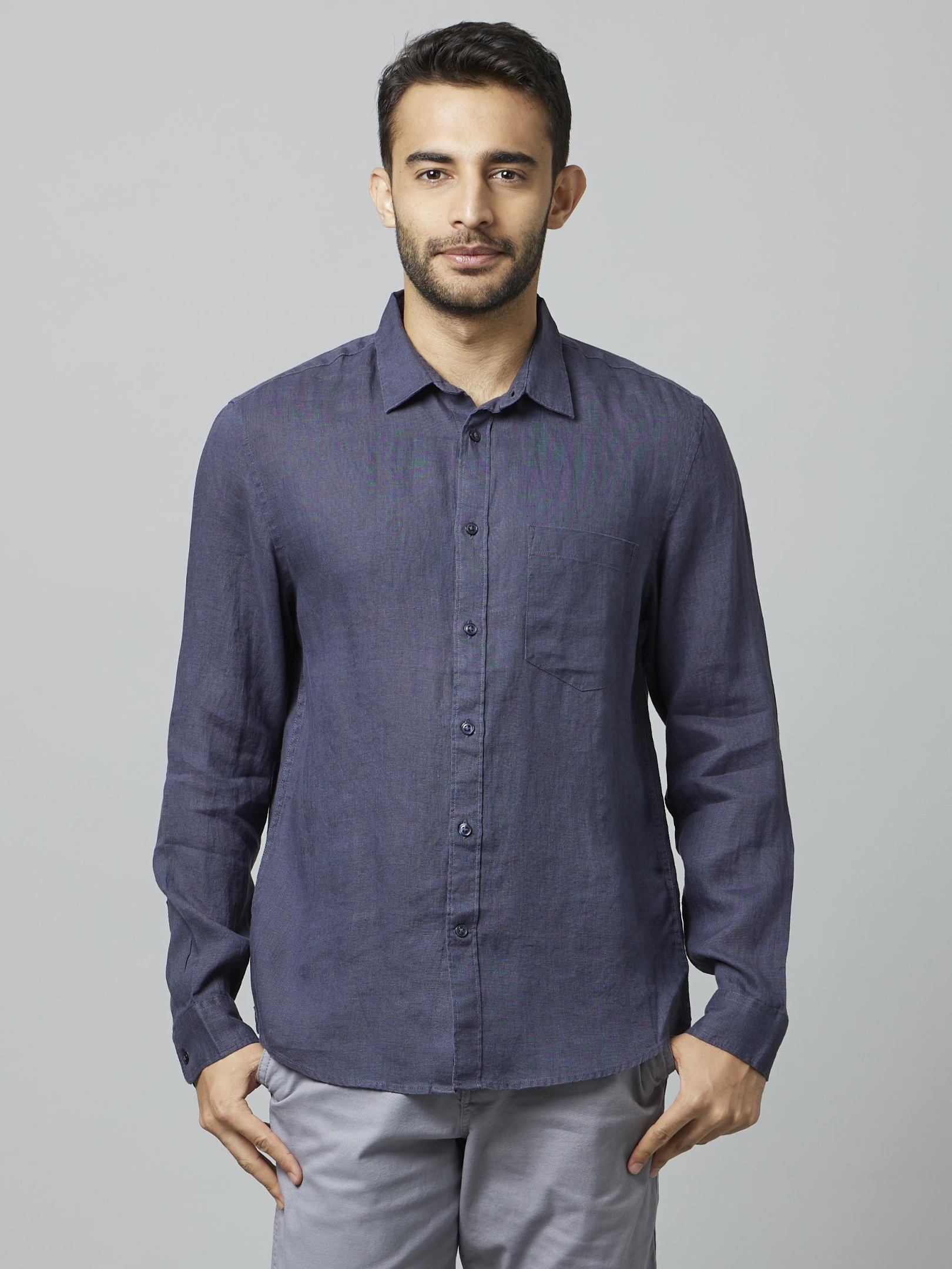 Men's Grey Linen Solid Casual Shirt