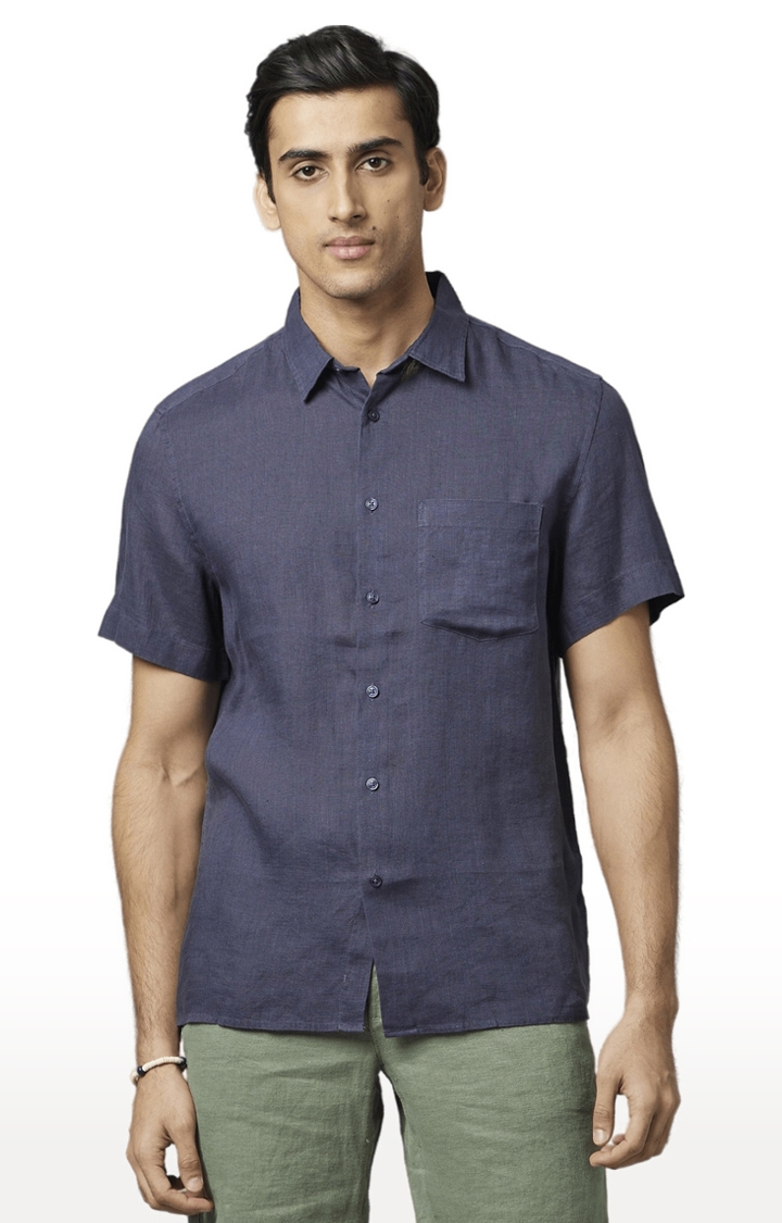 Men's Blue Linen Solid Casual Shirt