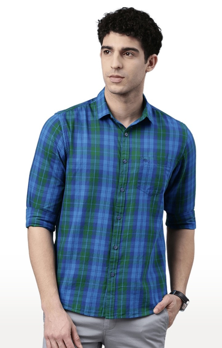 Chennis | Men's Green and Blue Cotton Checked Casual Shirt