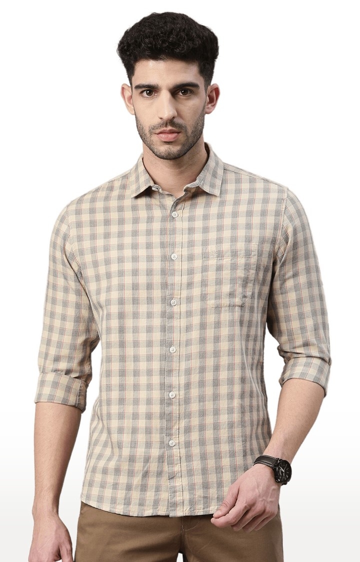 Men's Beige Cotton Checked Casual Shirt