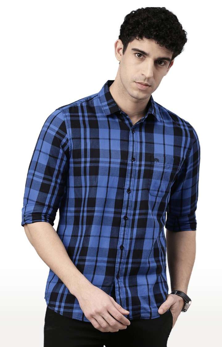 Men's Blue Cotton Checked Casual Shirt